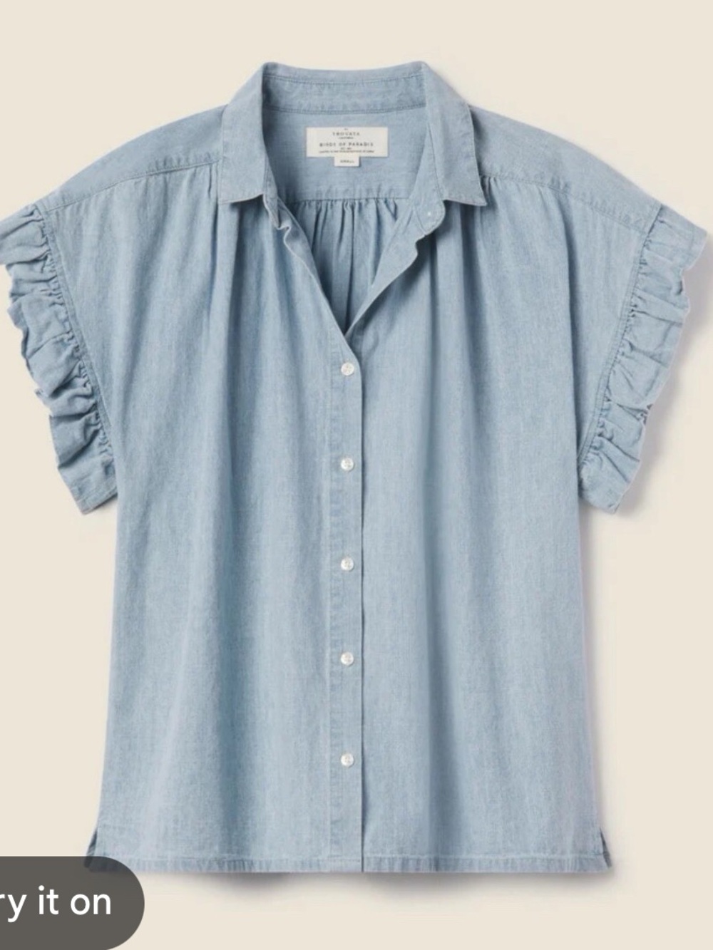 Trovata Birds of Paradis Mariana B Chambray Ruffle Sleeve Button Down Shirt S